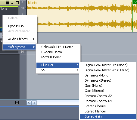 Step 05 - Insert the Stereo Gain plug-in on the music track